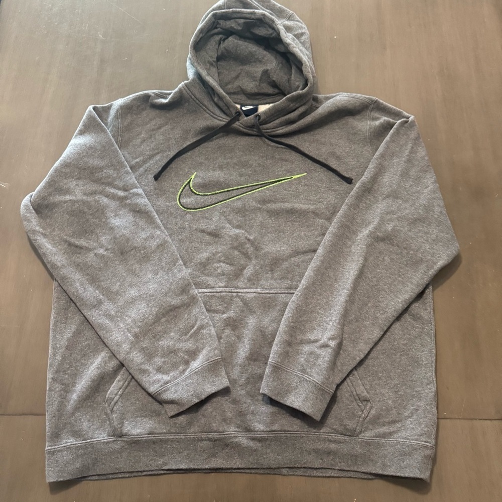 Y2K Nike Gray Pullover Hoodie Men’s XL Drawstring Sweatshirt Neon Green Swoosh